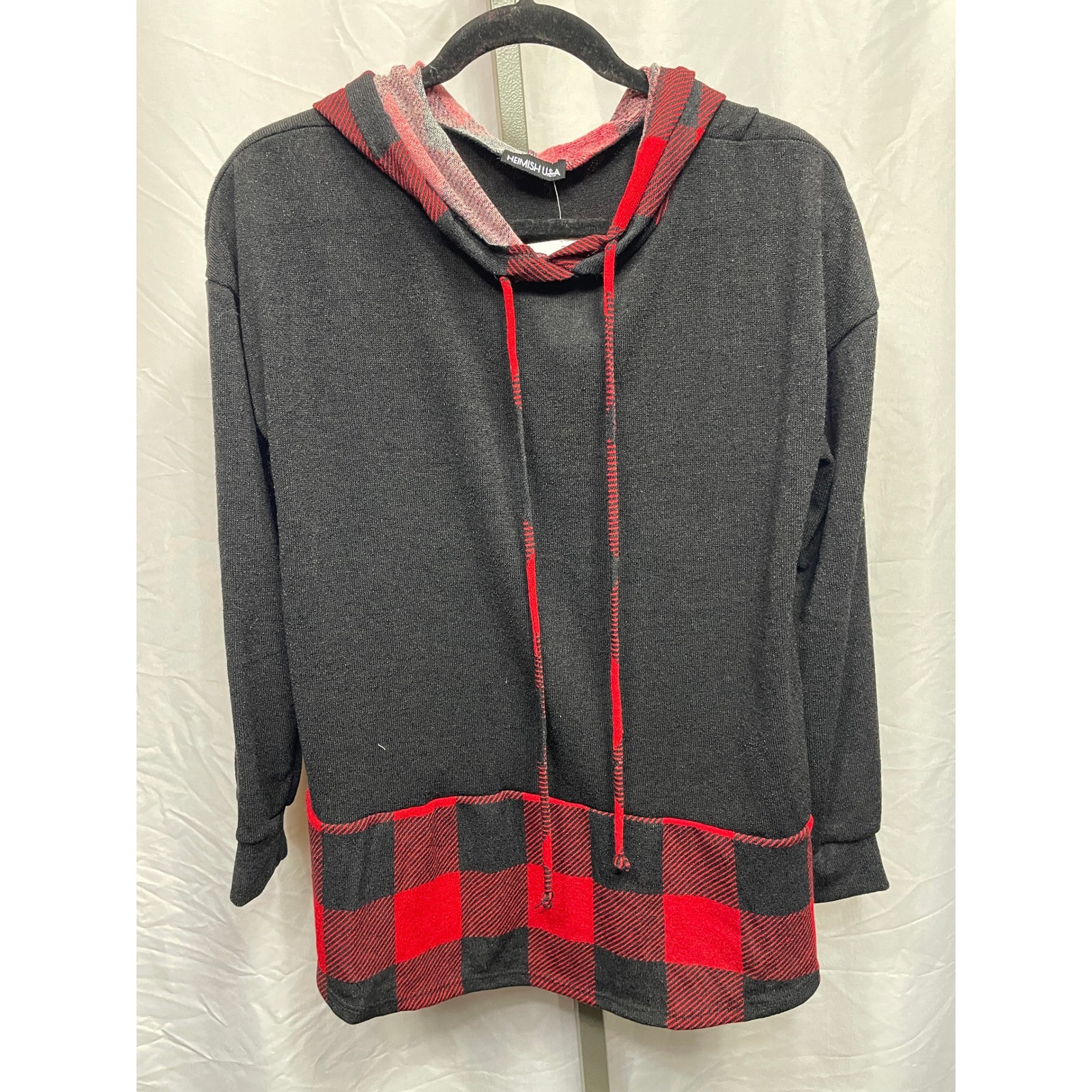 Heimish Usa Women Charcoal Red Plaid Trim Hoodie Sweatshirt Size L